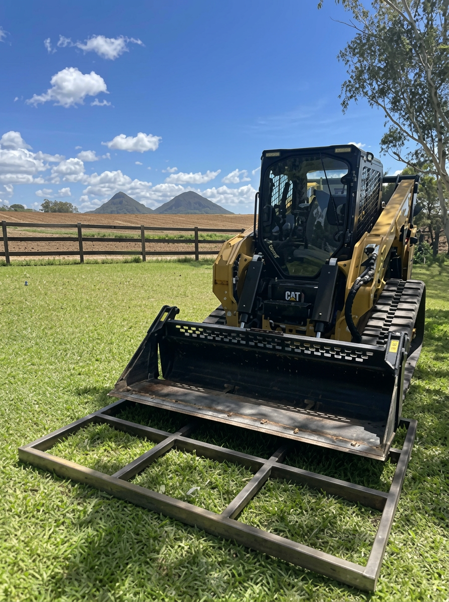 Minespec CAT posi-track skid steer with Glasshouse Mountains in the background